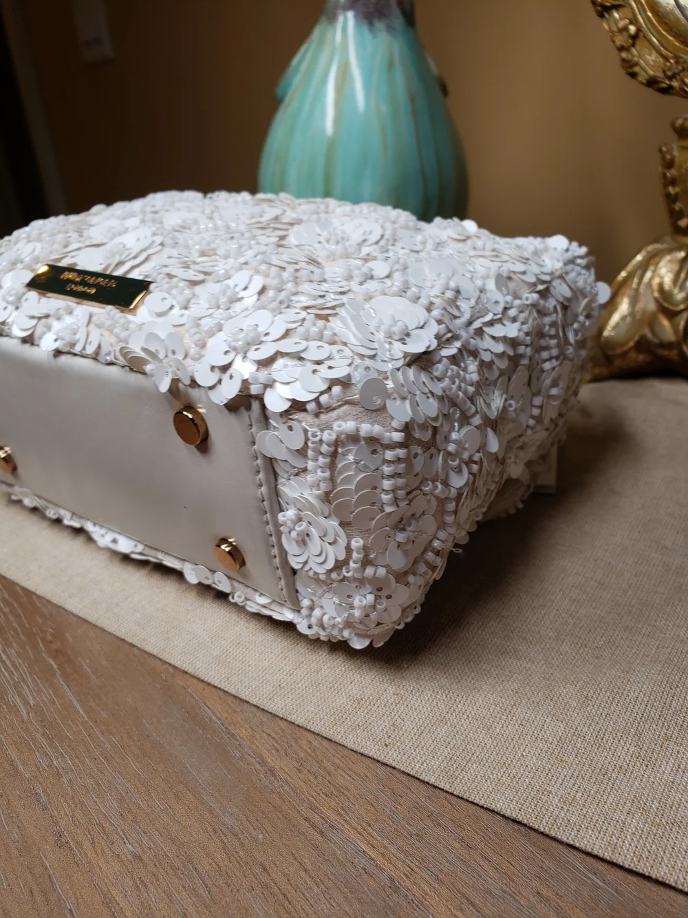 Kurt Geiger White Sequin Beaded Floral Top-Handle Satchel w/ Crossbody NWT! - Picture 12 of 17